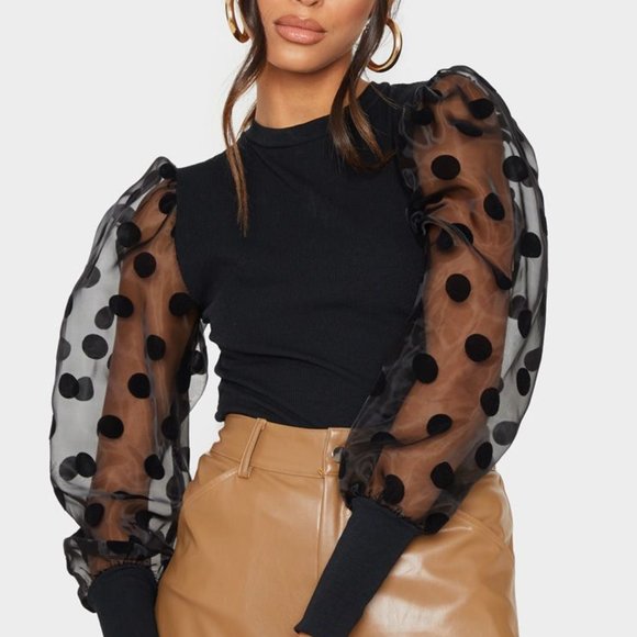 PrettyLittleThing Tops - Black Polka Dot Organza Top